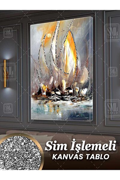 SML TABLO Sim İşlemeli Denizdeki Altın Yelkenli Gemiler Deniz Doğa Manzara Si...
