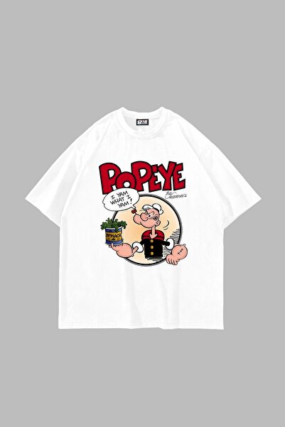 Bak Moda Λευκό μπλουζάκι Popeye με στάμπα Oversize Unisex