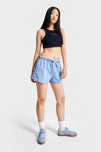 its basic Women's Blue Color 1S5-4 Mini Size Loose Cut Elastic Waist 100% Cotton Denim Shorts