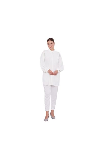 Levidor Shoulder Ruffle Stone Embroidery Detailed Two-Piece Suit