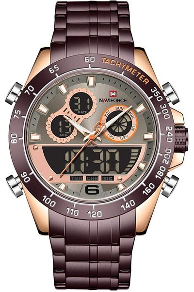 Naviforce Sport Analog-Digital Wrist Watch for Men with Stainless Steel Strap Water Resistant Multi-Function