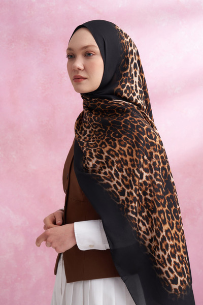 ARMANDA Gradient Leopard Print Imported Voile Shawl - Black-Camel