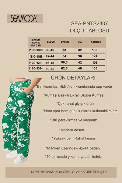 Seamoda Plus Size Floral Patterned Elastic Waist Pocket Wide Leg Relaxed Cut Long Length Trousers-Green
