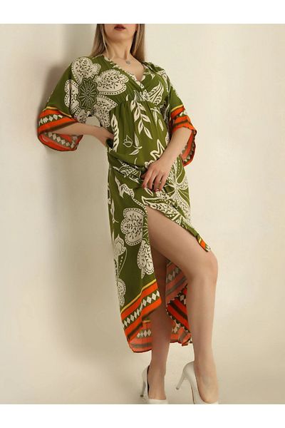 DENİZLİFE Bat Sleeve Waist Elastic Slit Detail Dress