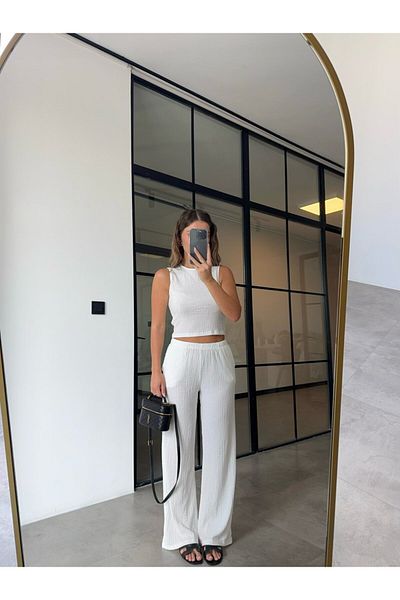 BB Bensu Buyruk Textured Bluz Pants White Set