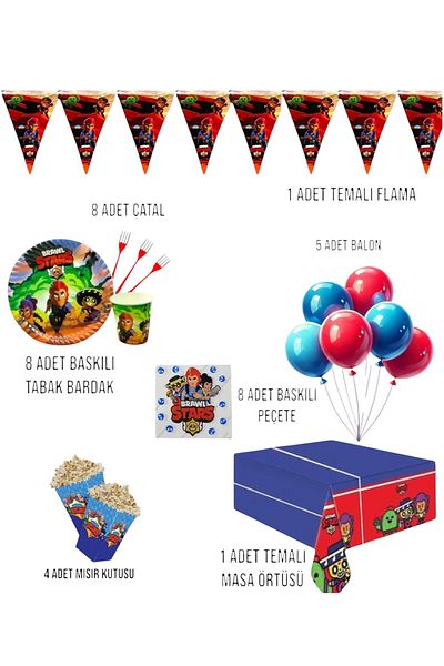 Evabrite Brawl Stars Birthday Party Set - Boy's Birthday Ornaments for 8 People