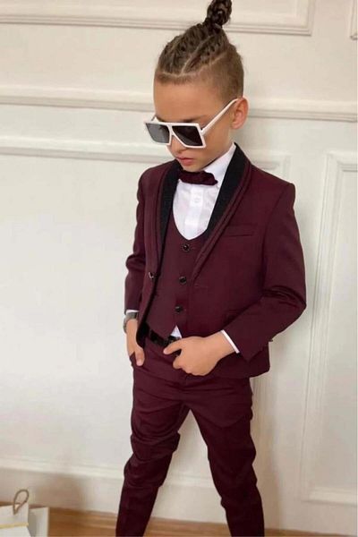 Riccotarz Boys' Collar Stripe Detailed Pocket Vest Blazer Jacket Burgundy Suit