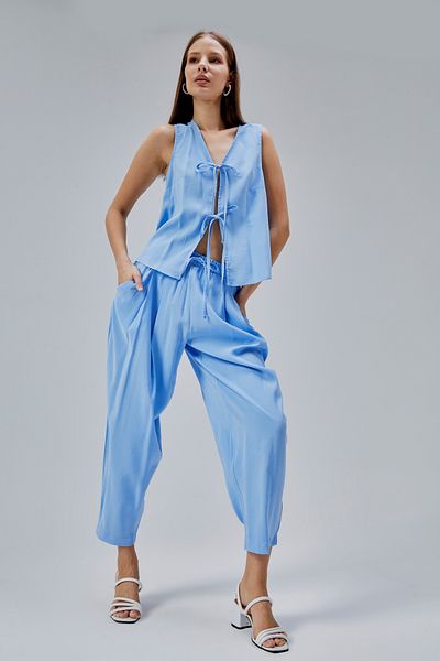 Bolivente Baby Blue V-Neck Bow Detailed Vest-Pants Set