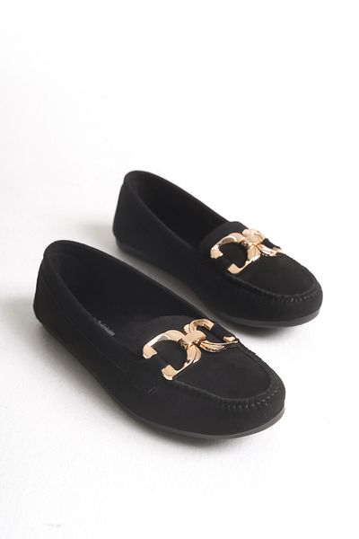 Ayakkabı Delisiyim Women's Ballerina Black Suede D Buckle Accessory Gizy Comfortable Orthopedic Sole Lightweight Casual Shoes