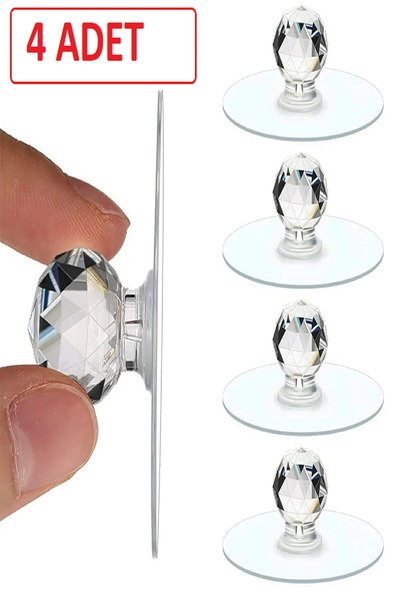 EcoVibe Şeffaf Kristal Başlıklı 4'lü Yapışkanlı Kulp Dolap Çekmece Kulp Tutacak
