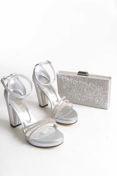 AYDOĞDU by ünal Matt Gray Stone Thick Heel Women's Shoes and Bag