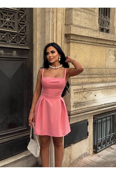 Stil Sepeti Women's Pink Square Neck Slim Strap Lined Mini Dress Ely-1000954122