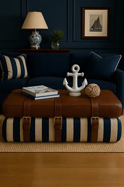 THE IVY CONCEPT STORE Sea Diary Serisi Lacivert Beyaz Çizgi Deri Detaylı Kemerli Puf