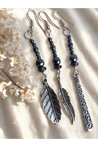 ayrestyle Silver Color Long Dangle 3-Piece Handmade Women's Earring Set with Hematite Natural Stone – Bohemian Style
