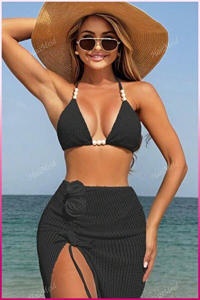 LC Waikiki Siyah Üçgen Bikini Takımı ve Büzgülü Mini Pareo Etek - Yaz 2025 Plaj Modası