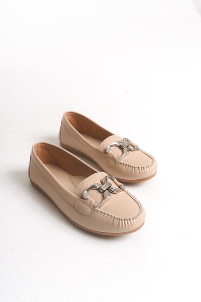 Ayakkabı Delisiyim Women's Babet Beige Leather D Buckle Accessory Gizy Comfortable Orthopedic Sole Lightweight Casual Shoes