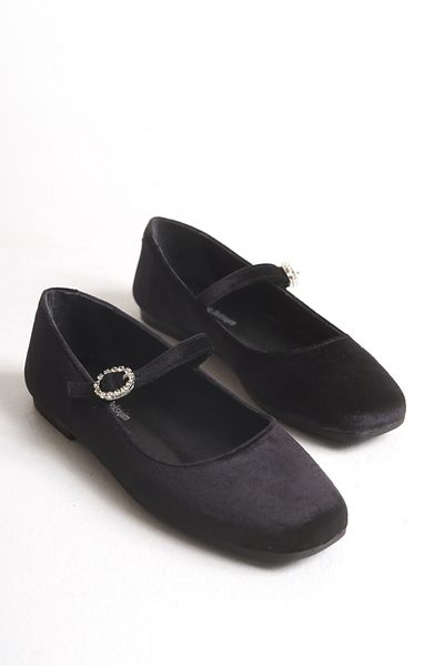 Ayakkabı Delisiyim Women's Babet Karen Black Suede Stone Buckle Square Toe Comfortable Sole Shoes