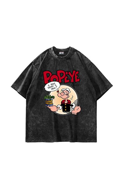 Bak Moda تيشيرت أسود كبير الحجم مطبوع للجنسين من بوباي