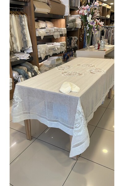 Porio 12 Kişilik Peçeteli 160x265 cm Güpürlü Şık Masa Örtüsü Takımı