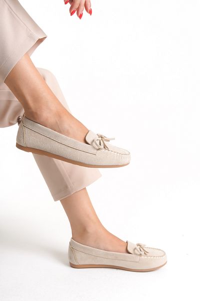 Ayakkabı Delisiyim Women's Babet Beige Suede Bow Accessory Greenhouse Comfortable Orthopedic Sole Lightweight Casual Shoes