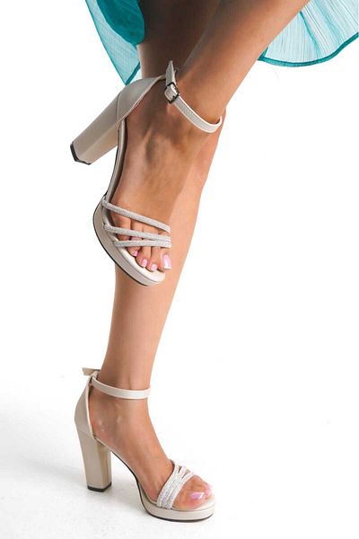 AYDOĞDU by ünal Beige Satin Stone Bag (Without Bag) Stone Thick Heel Dress Shoes Combination