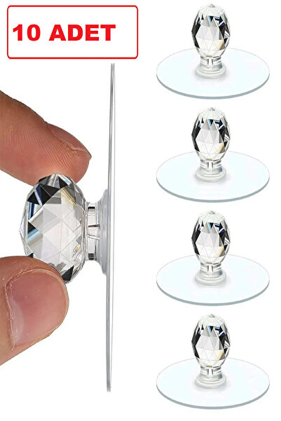 EcoVibe (10 Adet)Şeffaf Kristal Başlıklı 10'lu Yapışkanlı Kulp Dolap Çekmece Kulp Tutacak