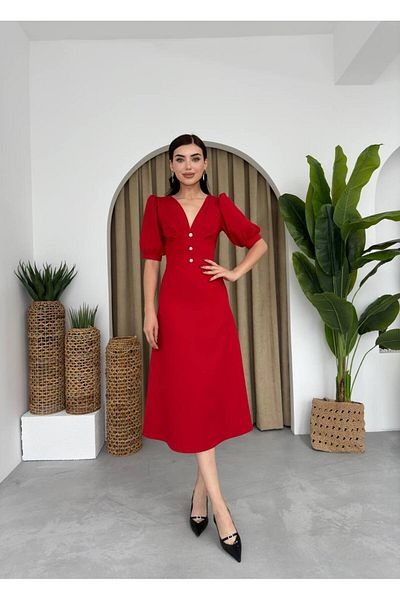 MODA DURAĞI Women's V-Neck Balloon Sleeve Button Detailed Midi Length Dress