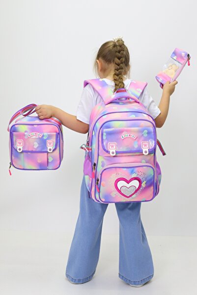 Probag Kalpli 3'lü Kız Çanta Seti Sırt Çantası Beslenme Çantası Kalemlik Peluş Oyuncak Hediyeli İlkokul