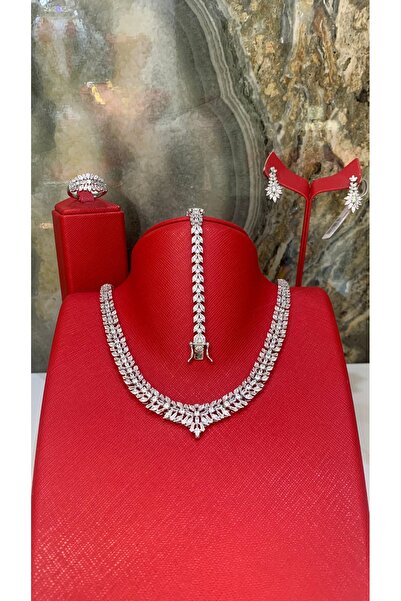 TRİA SİLVER 925 Ayar Gümüş Zirkon Taşlı Kolye Küpe Yüzük Bileklik Dörtlü Takı...