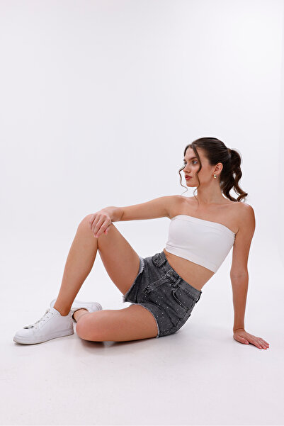 Eseclass Kadin Kot Şort Yüksek Bel Taş İşlemeli̇ Püskül Detayli