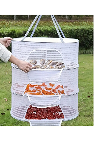 BABUN Üç Raflı Bölmeli Açık Havada Güneşte Bitki Meyve Sebze Balık Kurutma Filesi Askısı Aparatı Aleti