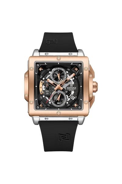 Naviforce Luxury Rose Gold and Silver Square Chronograph Watch for Men with Black Silicone Strap