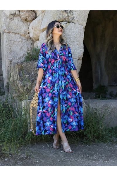 DENİZLİFE Bat Sleeve Waist Elastic Slit Detail Dress