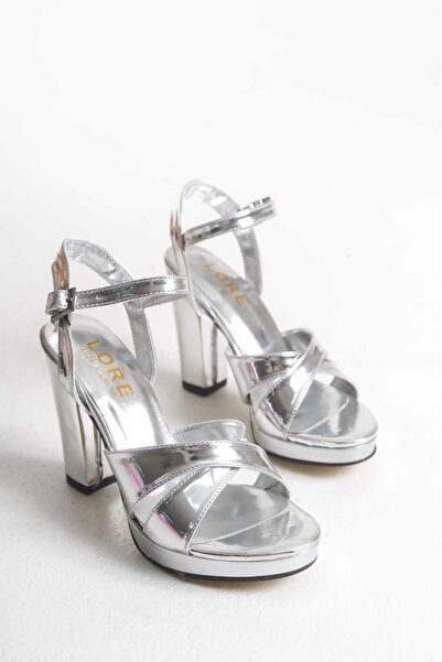 AYDOĞDU by ünal Silver Cross Band Thick Heels Women's Evening Shoes