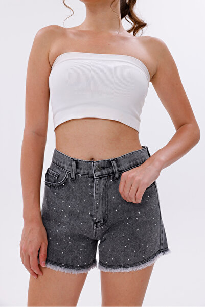 Eseclass Kadin Kot Şort Yüksek Bel Taş İşlemeli̇ Püskül Detayli