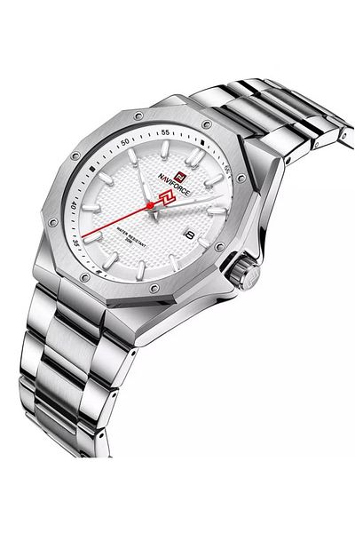 Naviforce Stylish Silver Stainless Steel Analog Quartz Watch for Men White Dial Date Display Water Resistant