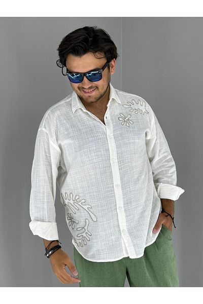 MARESHAL 100% Cotton Oversize Shirt with Embossed Embroidery Detail (White)
