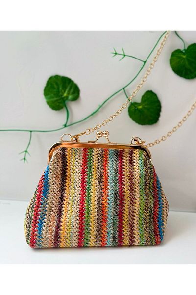 h&c bag butik حقيبة كتف من القماش المنسوج على طراز القش وقفل قبلة للإغلاق للاستخدام اليومي متعدد الاستخدامات