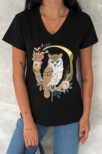 FEMELLE Women's Black 100% Cotton T-Shirt V-Neck Owl Sequins and Embroidery Embroidered