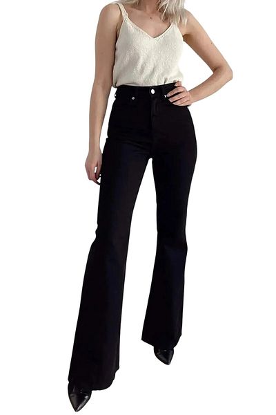 byhaziran butik Jacklie Black Non-Fading Lycra High Waist Denim Spanish Leg Jeans
