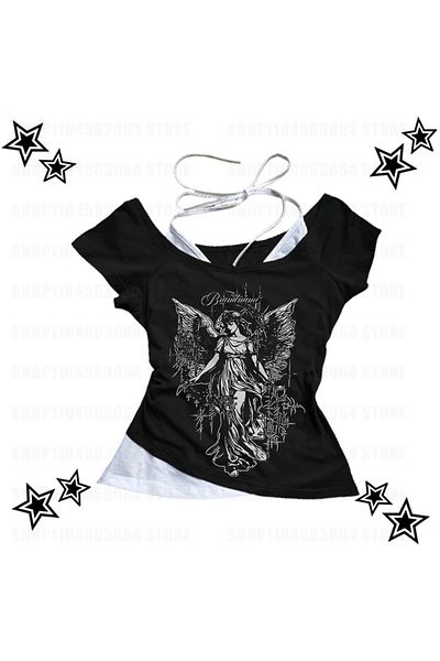 1blood Angel angel Vintage Grunge Letter Madonna Guler cu curea suplimentară Crop cu mânecă scurtă pentru tot corpul