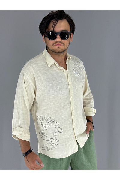 MARESHAL 100% Cotton Oversize Shirt with Embossed Embroidery Detail (Beige)
