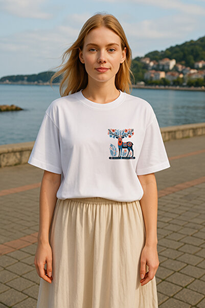 Oversize Unisex %100 Pamuk Premium Etnik Geyik Baskılı T-shirt