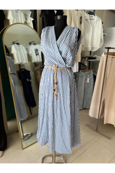 Butik Kadın Giyim Çizgili Kemerli Elbise