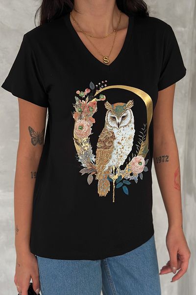 FEMELLE Women's Black 100% Cotton T-Shirt V-Neck Owl Sequins and Embroidery Embroidered