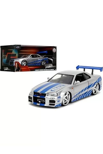 mazıdağı Jada Toys Fast & Furious Brian S 2002 Nissan Skyline R34 Die-Cast Car، مقياس 1:24، فضي وأزرق