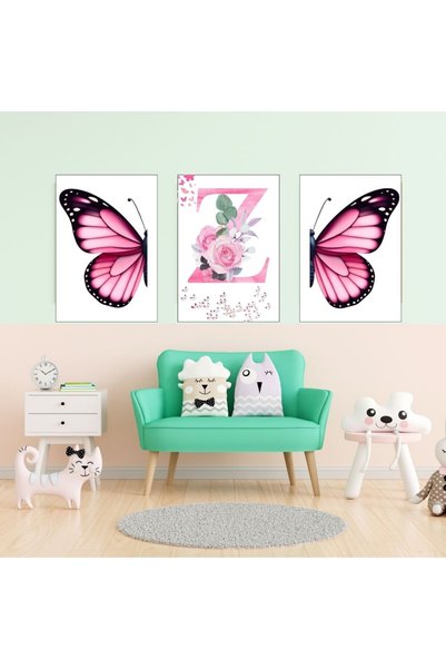 Hediye Vakti Kız Çocuk Odası İçin Pembe Kelebek ve Harf Tasarımlı Çerçevesiz Duvar Posteri