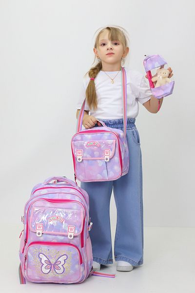 Probag Set de 3 genți de școală Butterfly Rucsac Cutie de prânz Suport stilou Jucărie de pluș pentru școala primară Cadou