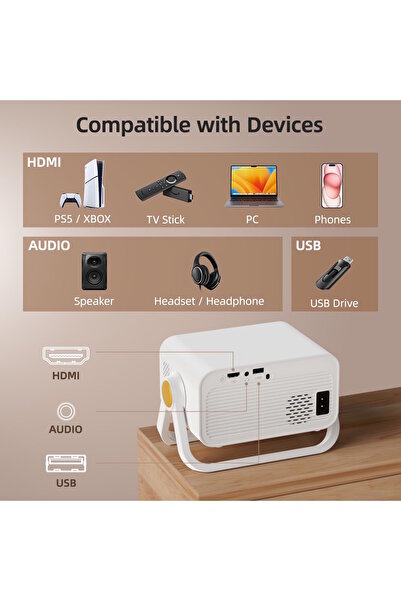 m.tk moveteck Taşınabilir 4K Destekli 1080P Android Sistemli Sinema Projeksiyon Cihazı - Wifi 6 LCD HDMI Oyun USB