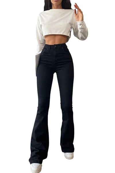 byhaziran butik Shub Spanish Leg Colorfast Black Stretchy High Waist Denim Pants